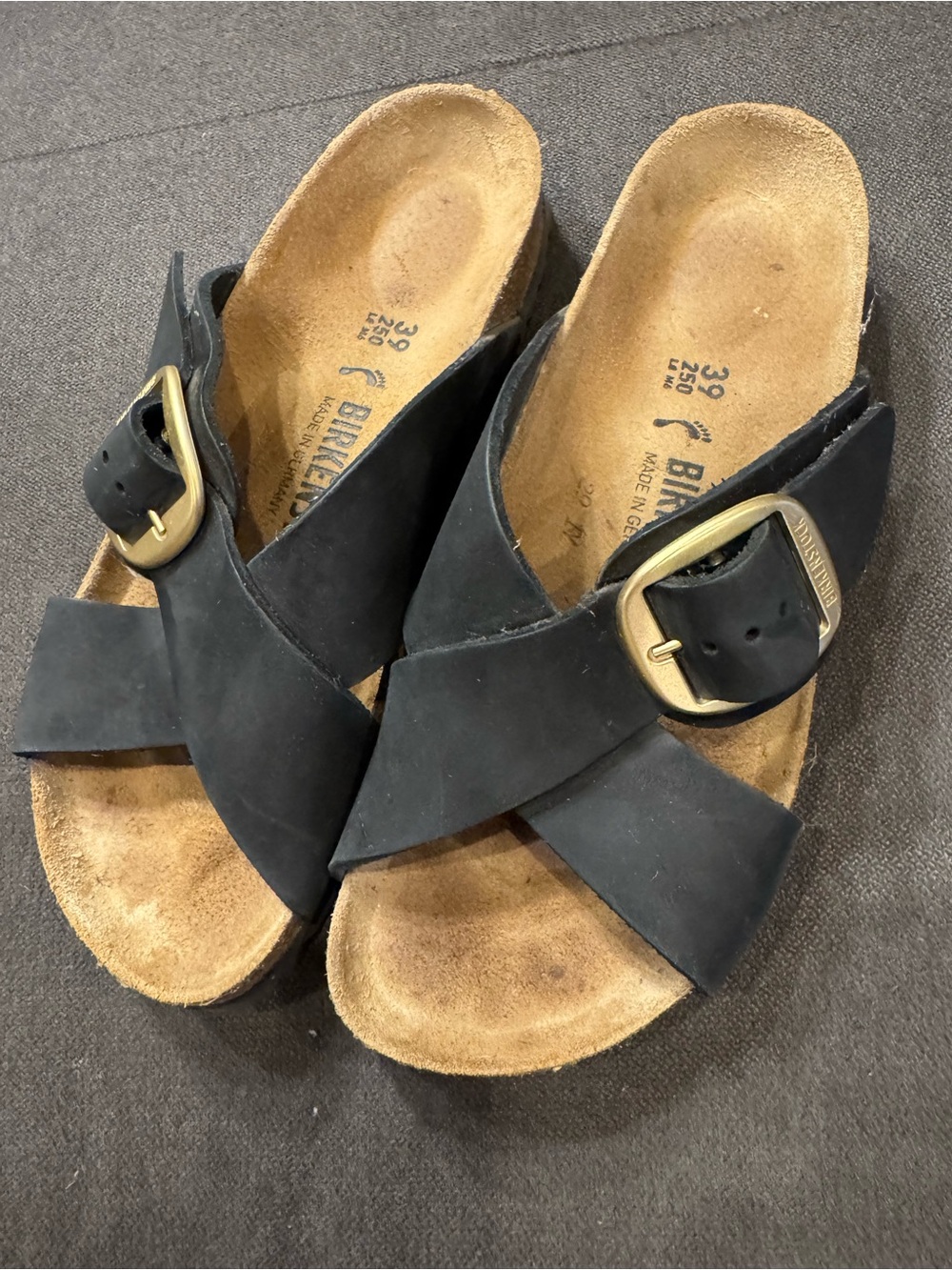 Birkenstock Women's Black Cross-Band Sandals with Gold Buckle